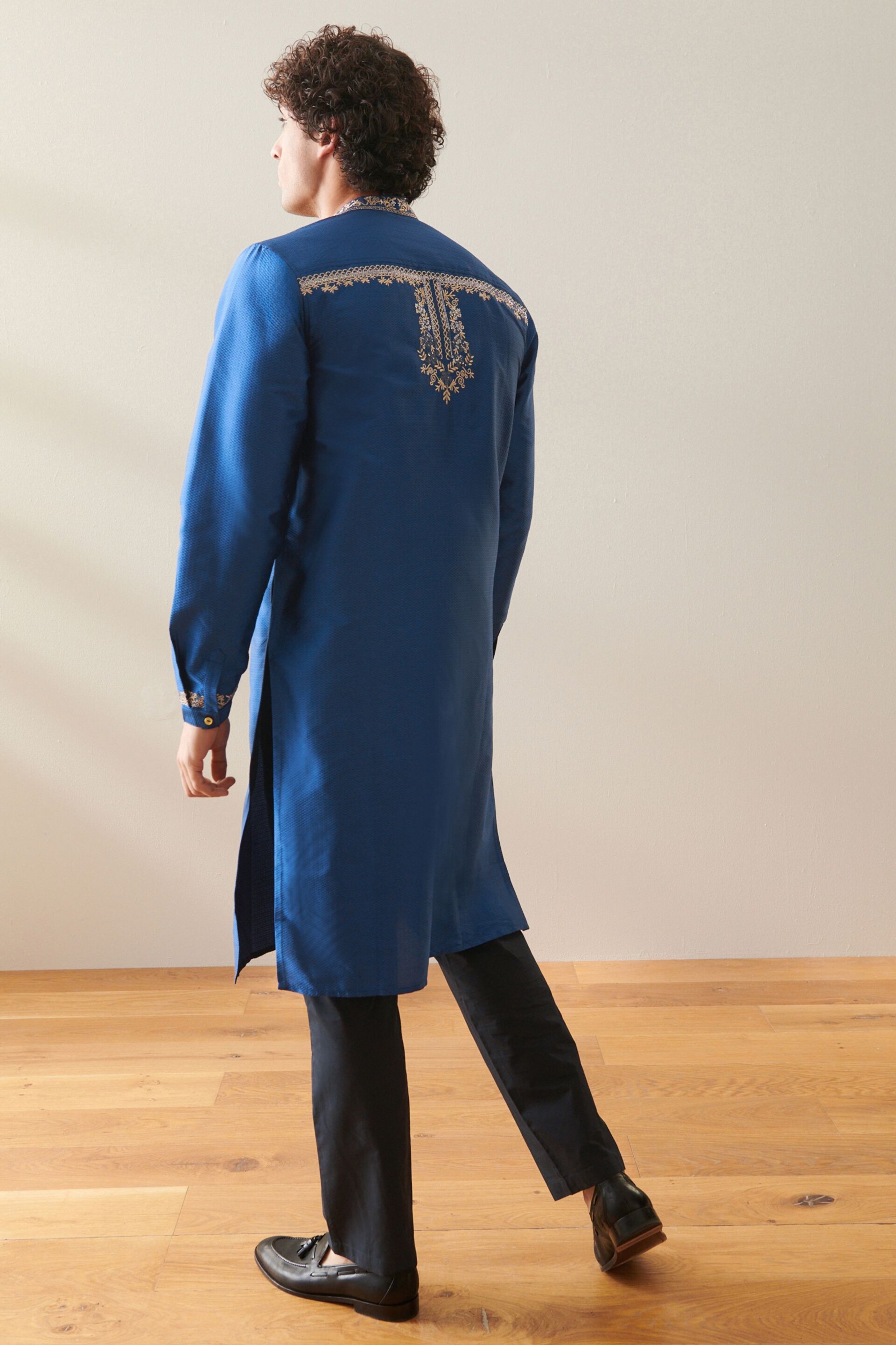 Navy Blue Mens Long Length Kurta - Image 2 of 8