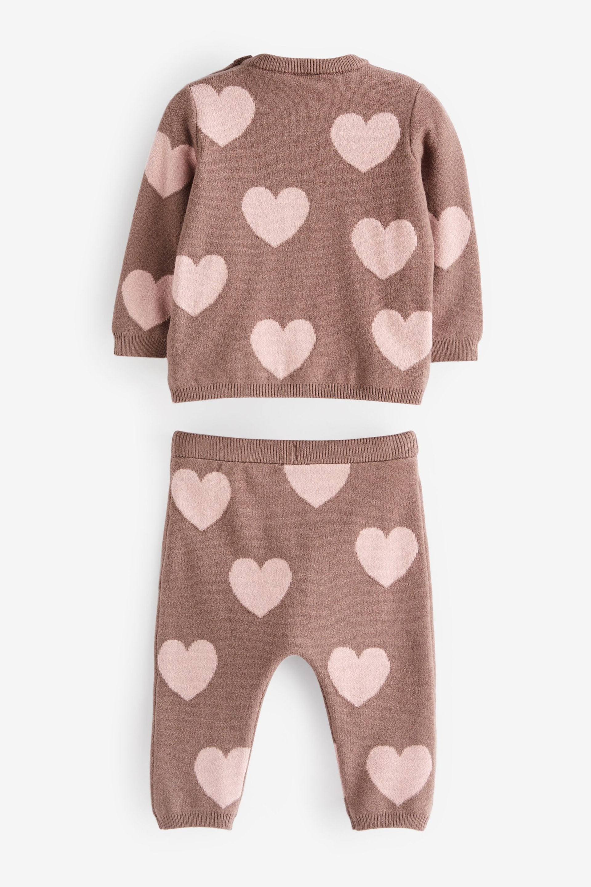 Chocolate Brown Heart Print Knitted Baby 2 Piece Set (0mths-2yrs) - Image 5 of 5