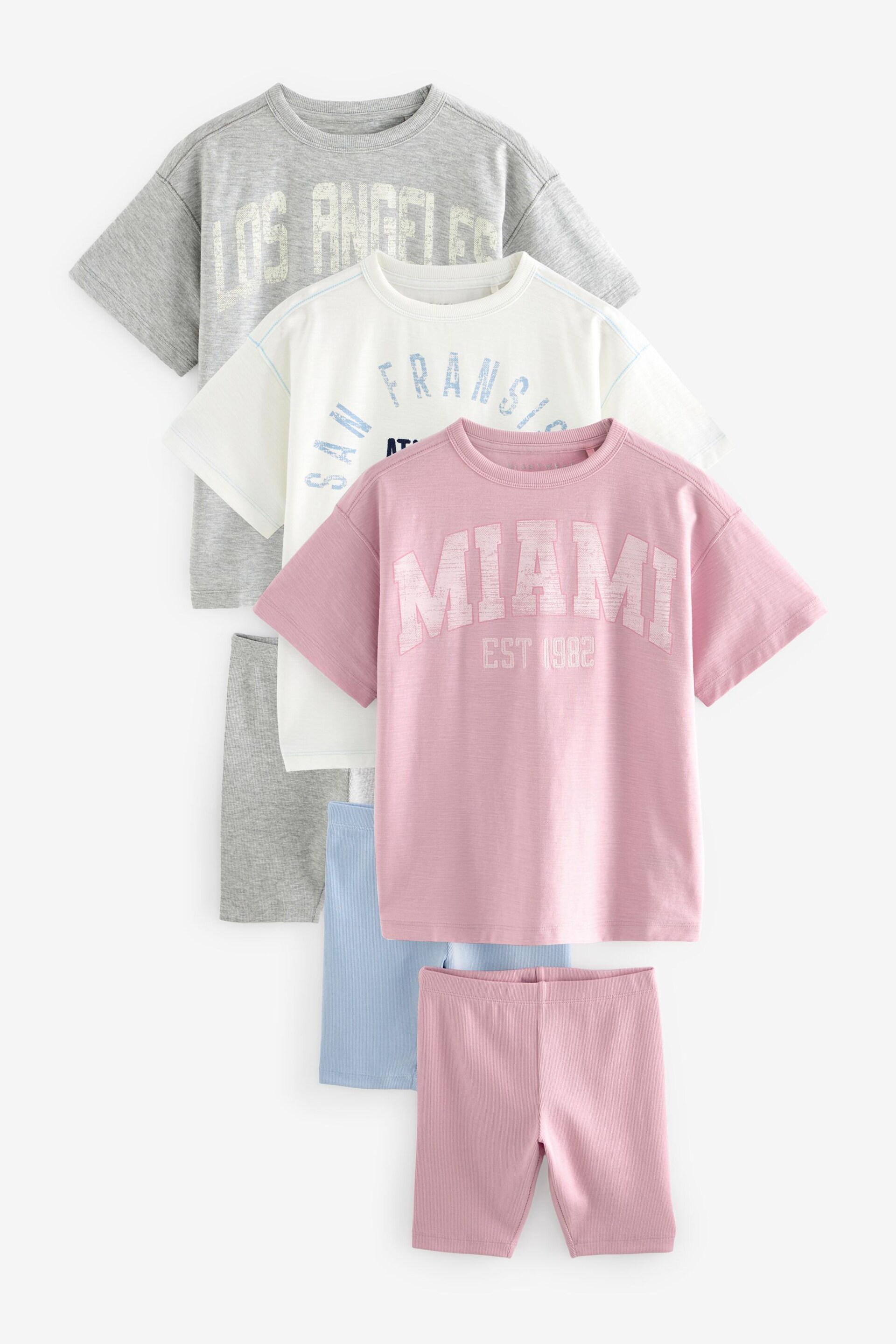 Pink/Blue/Ecru Short Pyjamas 3 Pack (3-16yrs) - Image 5 of 10