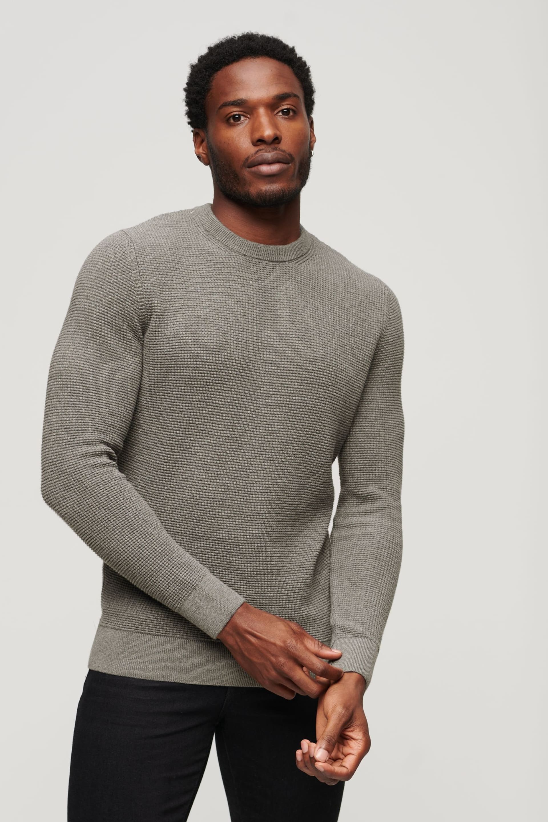 Superdry Grey Textured Crew Knit Jumper - Image 1 of 6