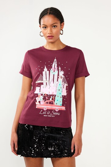 Berry Red NYC Scenic Sequin Embellished Christmas T-Shirt