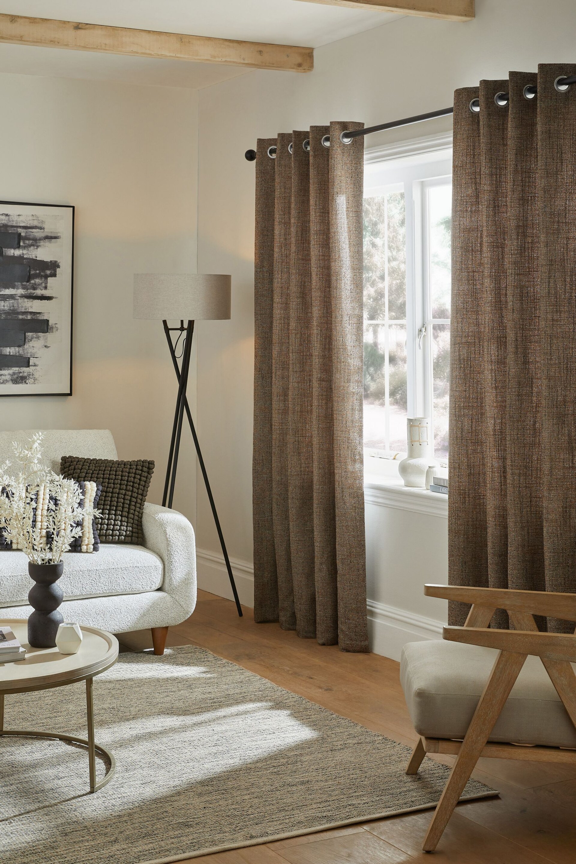 Brown Textured Fleck Eyelet Lined Curtains - Image 3 of 6