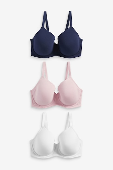 Navy Blue/Pink/White Pad Full Cup DD+ Cotton Blend Bras 3 Pack