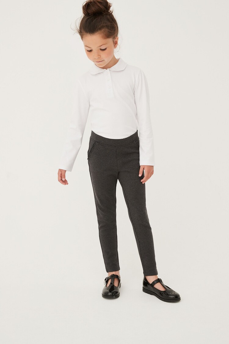 Charcoal Grey Cotton Rich Jersey Stretch Pull-On Frill Detail School Trousers (3-16yrs) - Image 1 of 6
