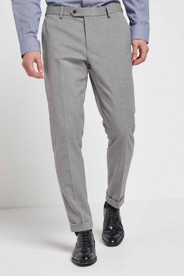 Grey Slim Fit Slim Fit Trimmed Herringbone Suit: Trousers - Image 1 of 6