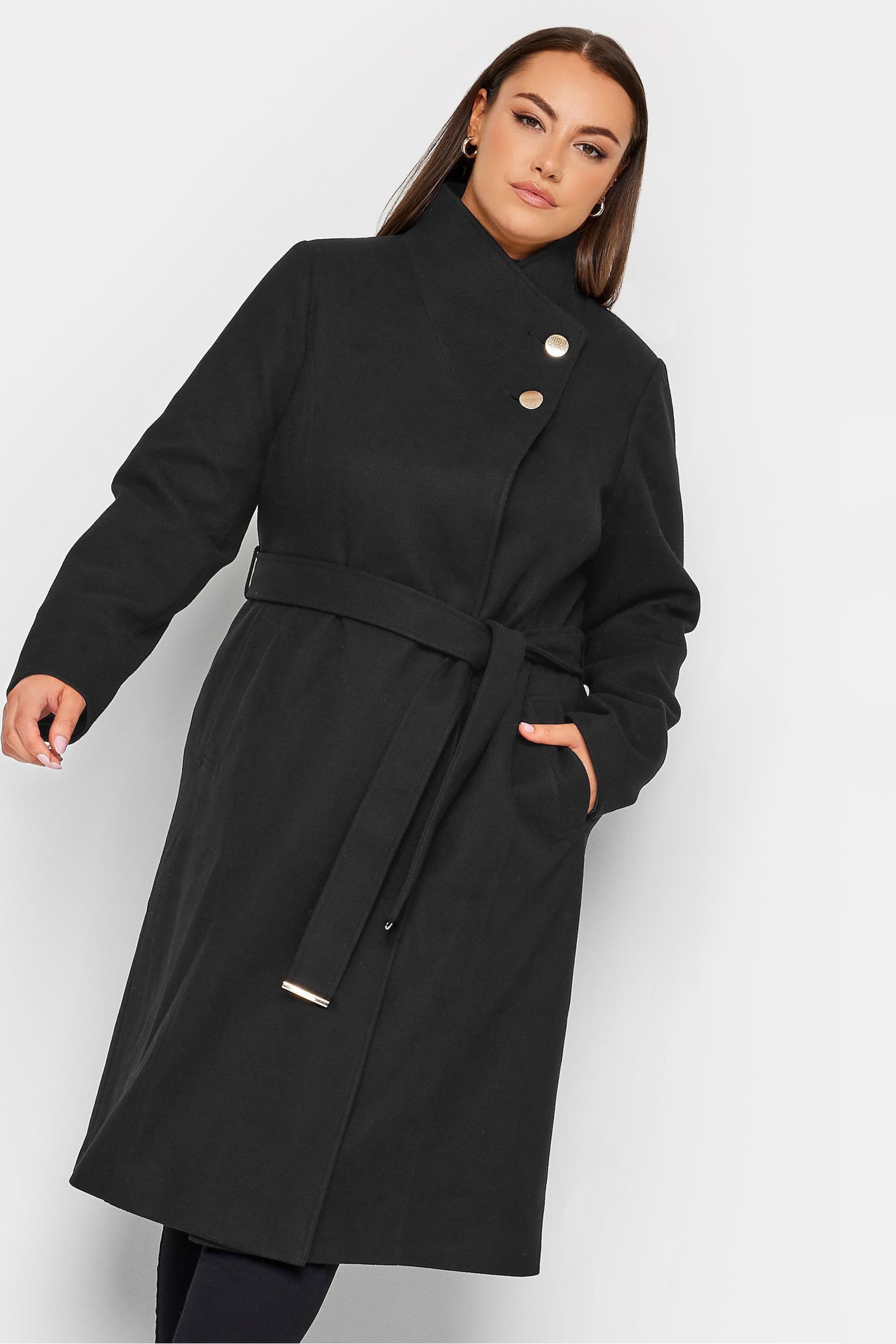 Yours Curve Black Belted Military Coat - Image 2 of 5