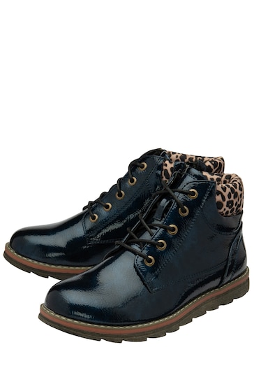Lotus Navy Blue Patent Lace-Up Ankle Boots