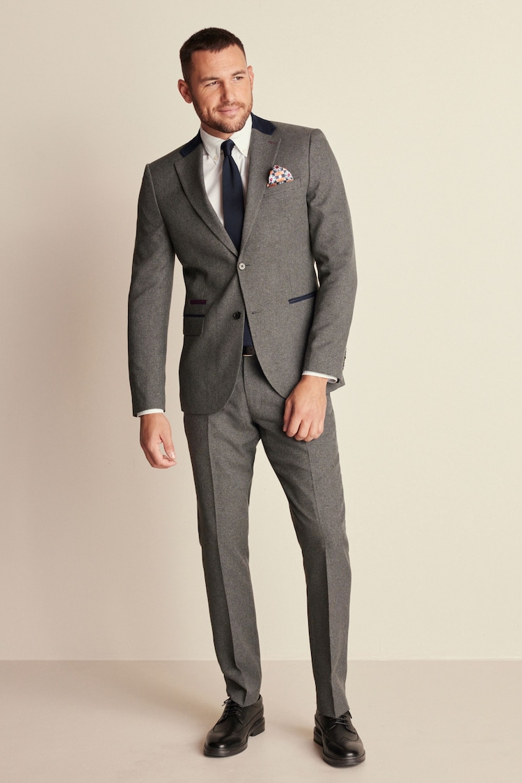 Grey Slim Fit Trimmed Texture Suit Jacket - Image 1 of 11