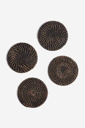 French Connection Black Rattan Hand Woven Set of 4 Coasters