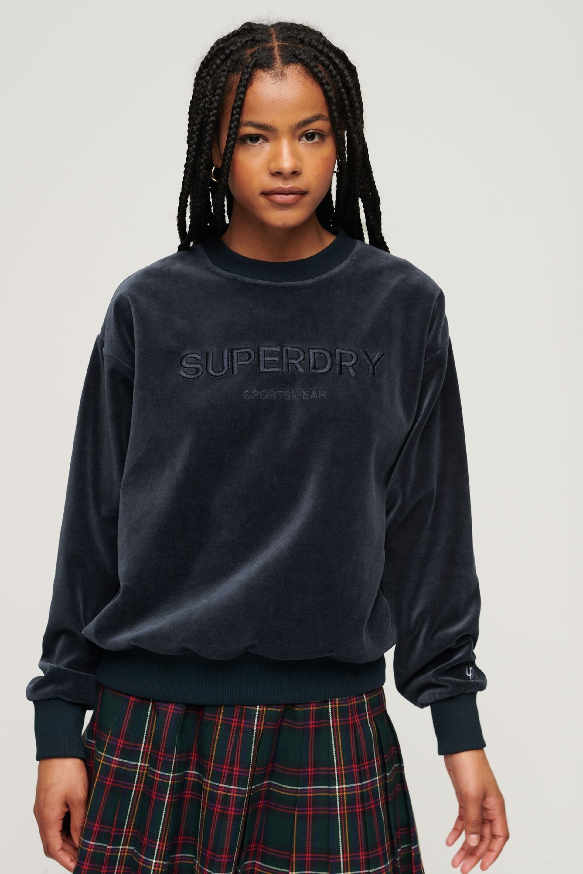 SUPERDRY Blue SUPERDRY Velour Graphic Boxy Crew Sweatshirt - Image 1 of 6