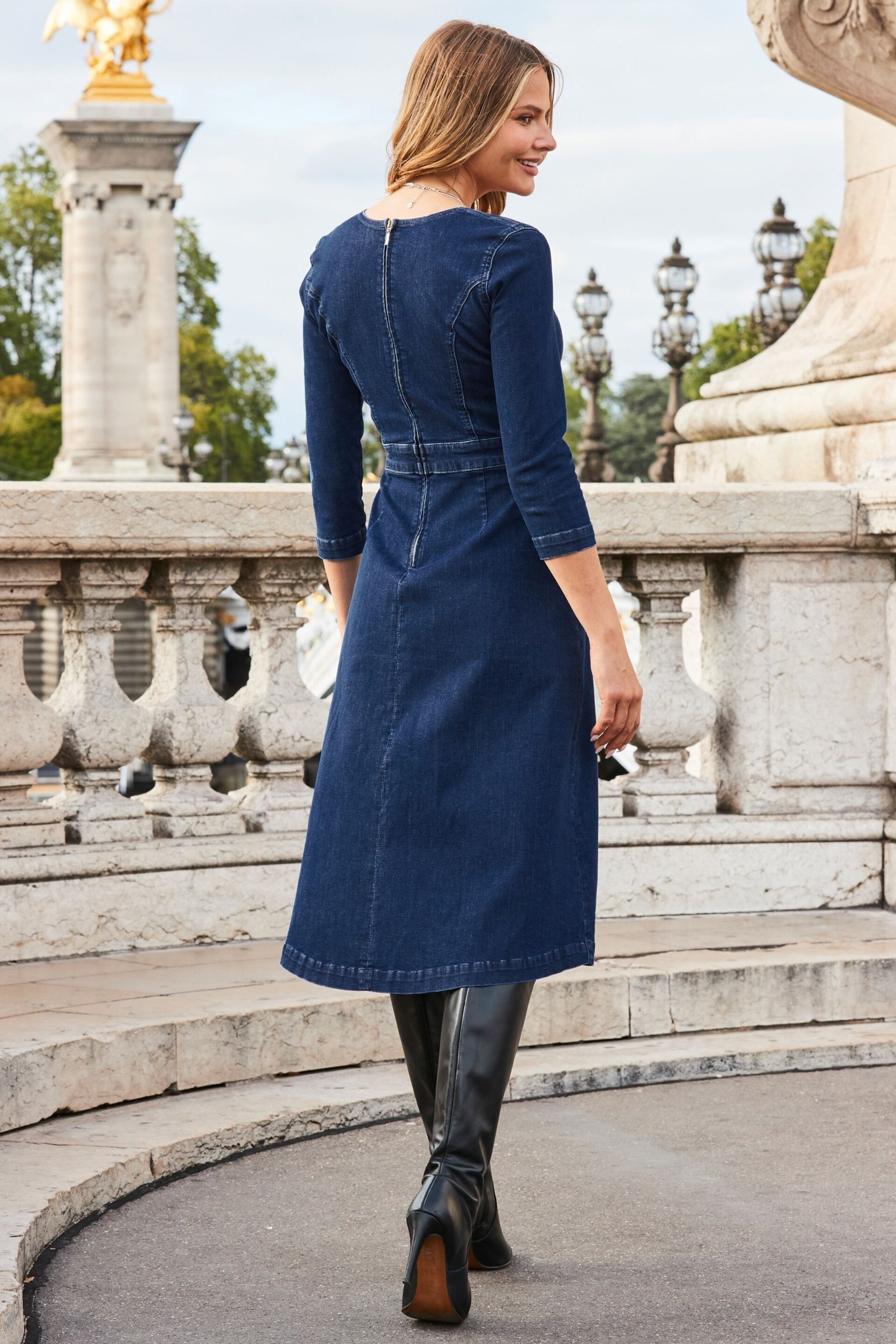 Sosandar Blue Fit & Flare Denim Dress - Image 2 of 5