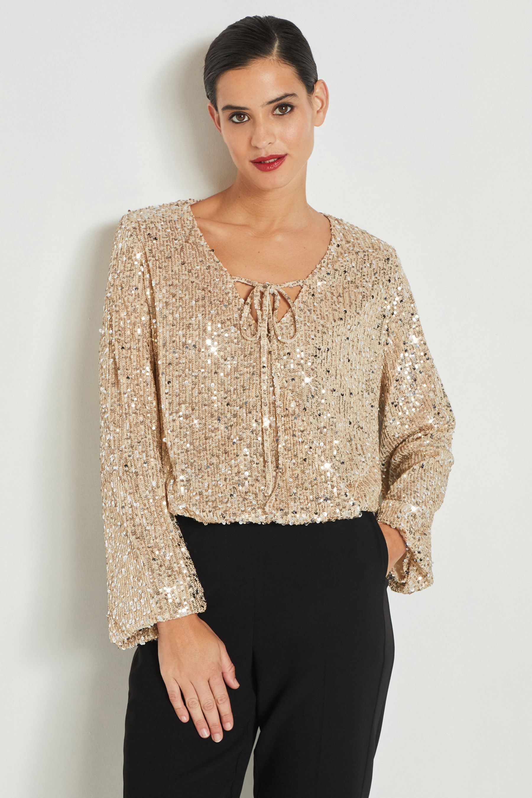 Buy Champagne Gold Sparkle Jacquard Long Sleeve Wrap Blouse from Next Luxembourg