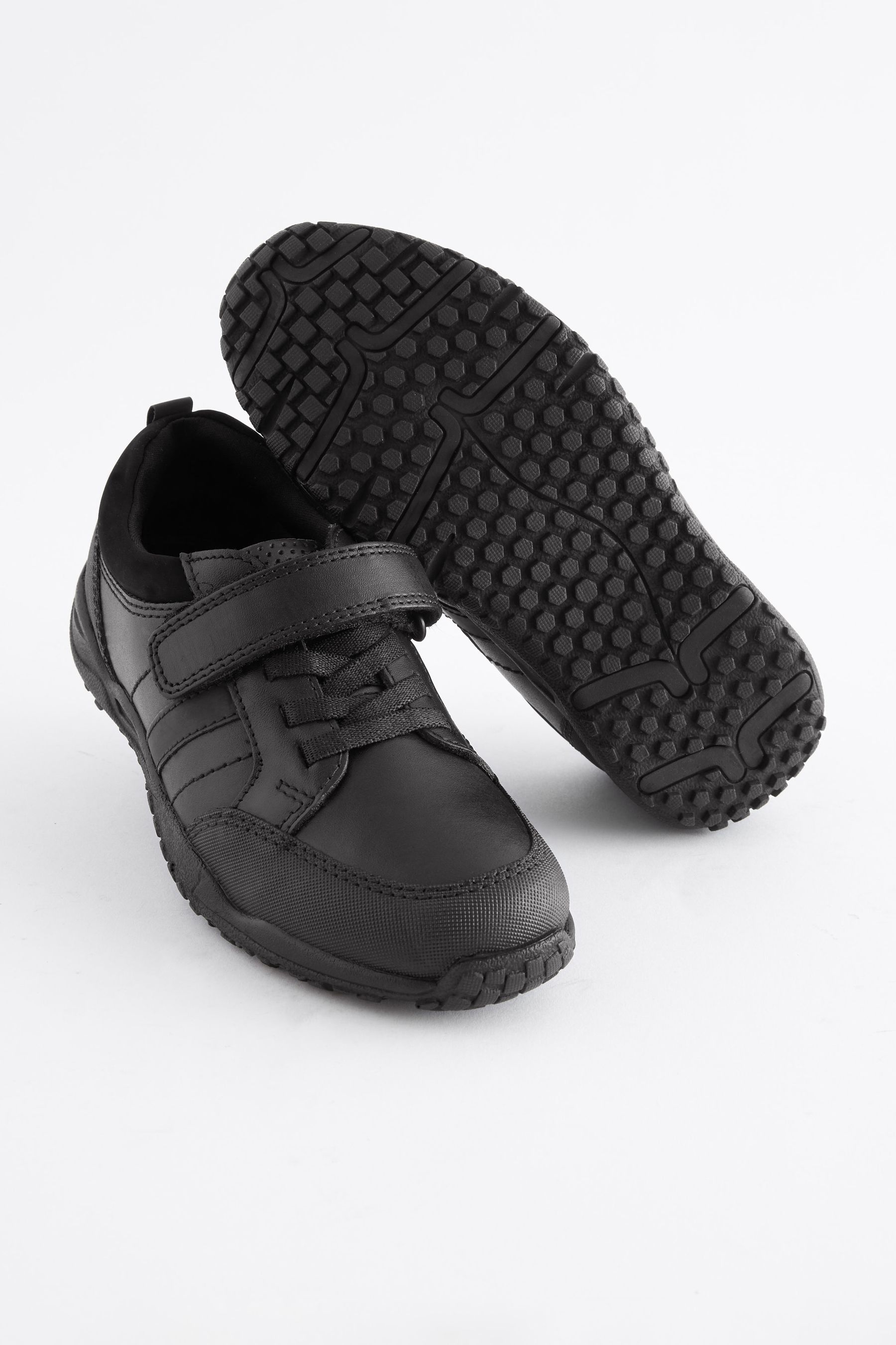 Black Extra Wide Fit H School Leather Elastic Lace Shoes