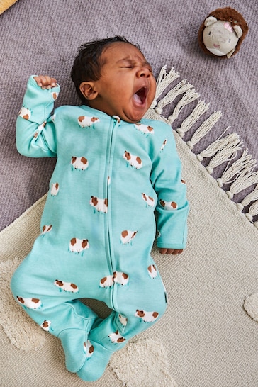 JoJo Maman Bébé Blue Guinea Pig Print Zip Cotton Baby Sleepsuit