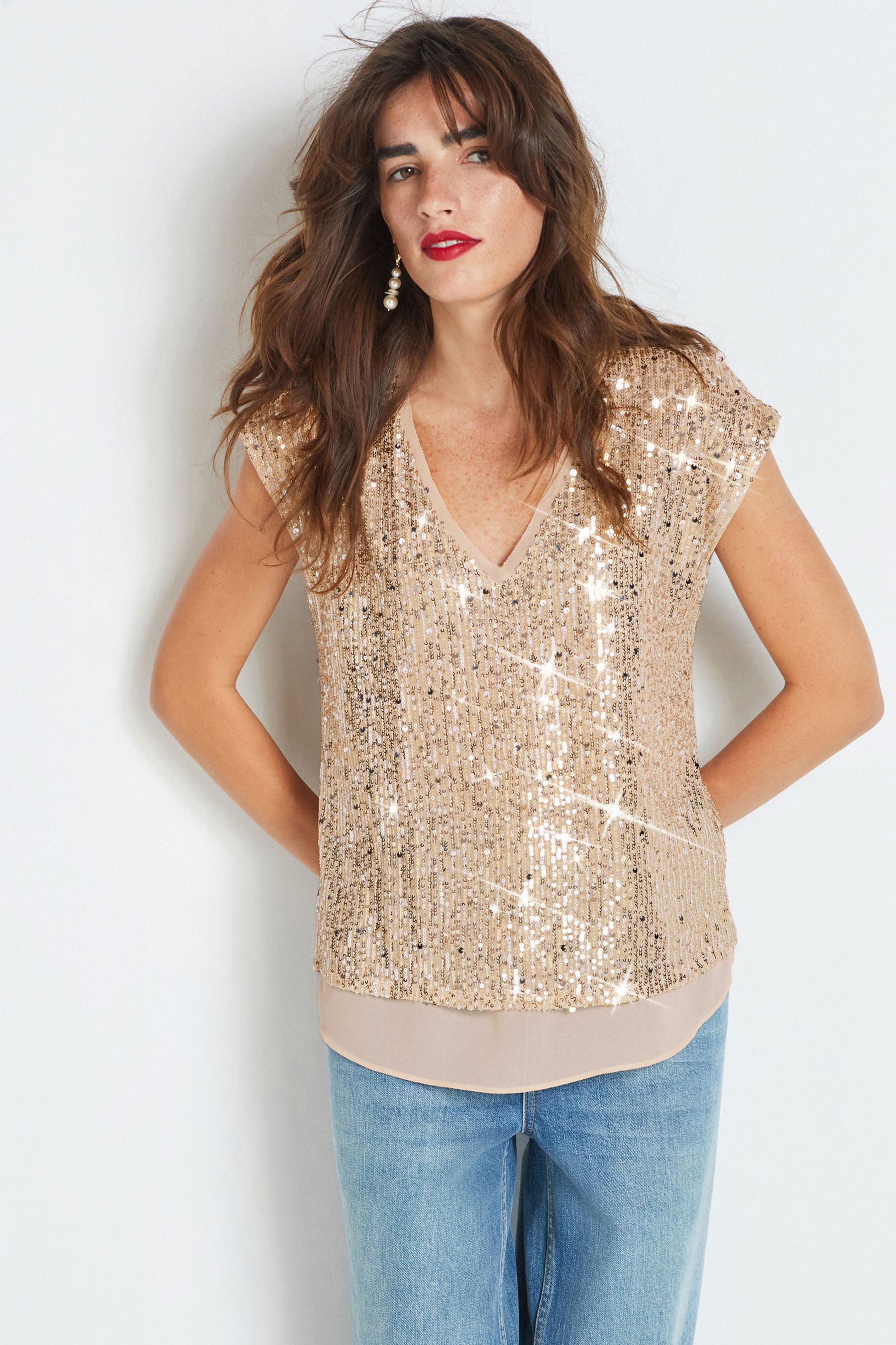 Buy Champagne Gold Short Sleeve V Neck Sequin Top from Next Luxembourg