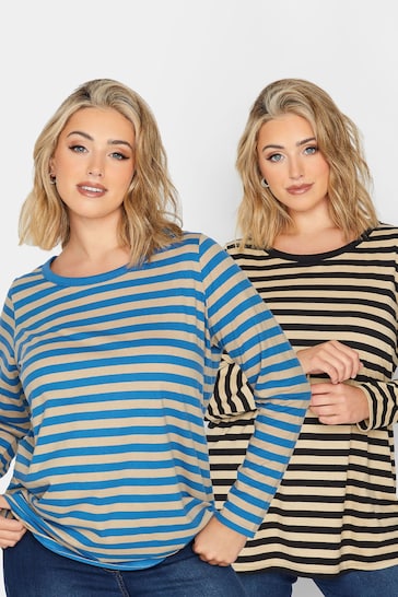 Yours Curve Blue Sonssleeve Stripe T-Shirts 2 Packs