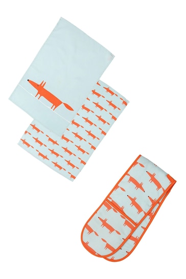 Scion Blue Mr Fox Double Oven Glove & Set of 2 Tea Towels