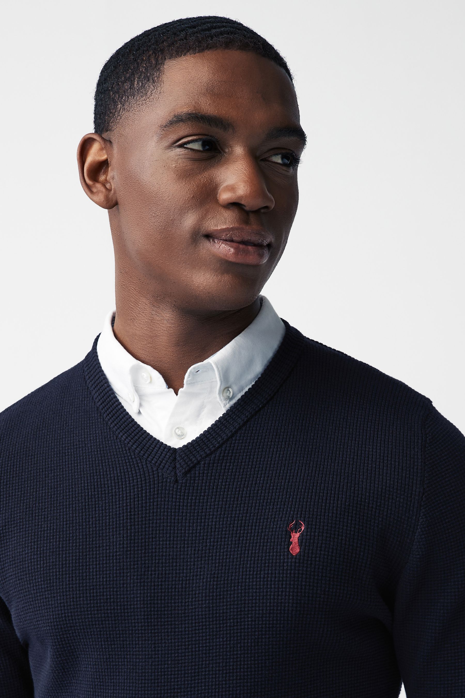 Navy Blue Oxford V Neck Regular Mock Shirt Jumper
