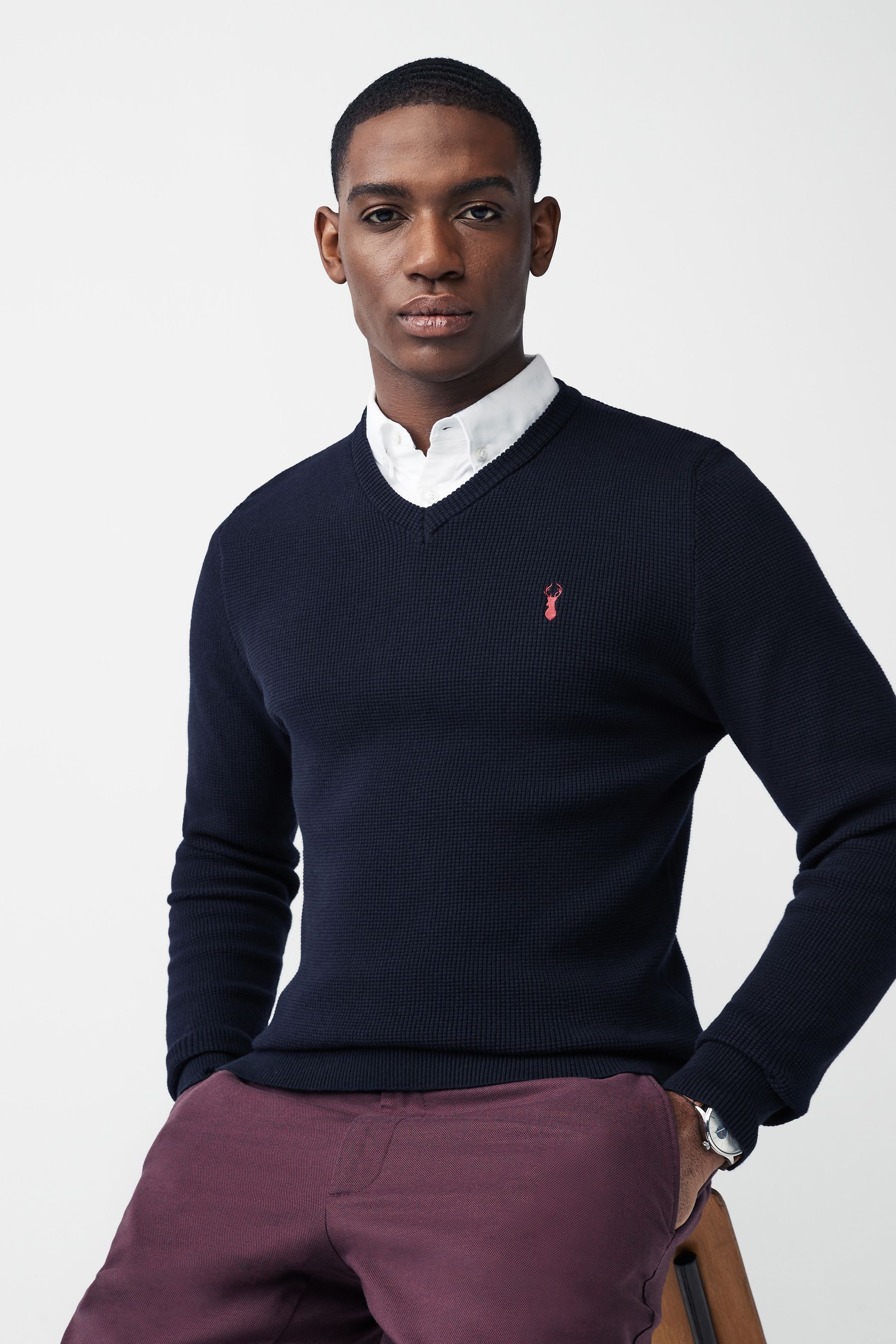 Buy Navy Blue Oxford V Neck Regular Mock 100 Cotton Shirt Jumper from Next Ireland