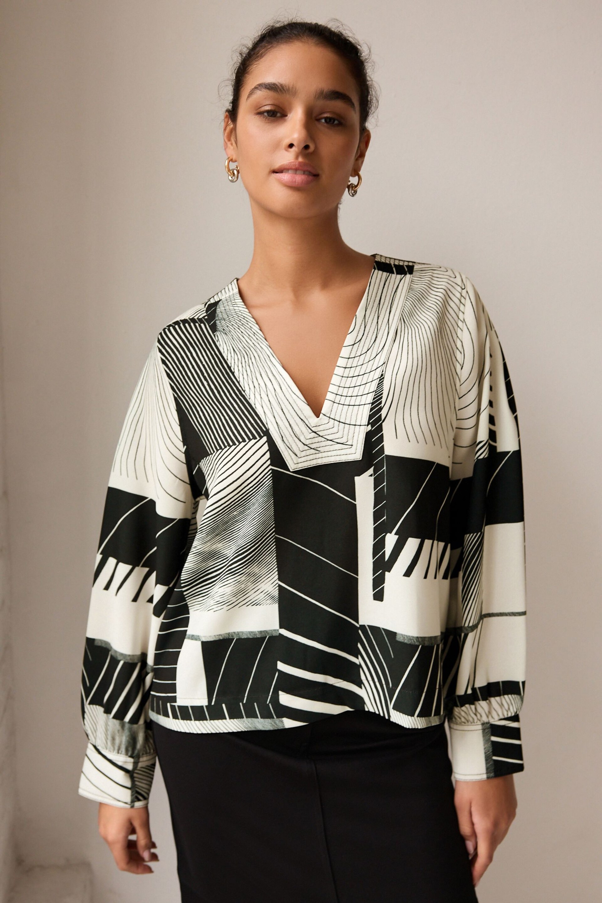 Monochrome Print V-Neck Contrast Stitch Long Sleeve Blouse - Image 3 of 7