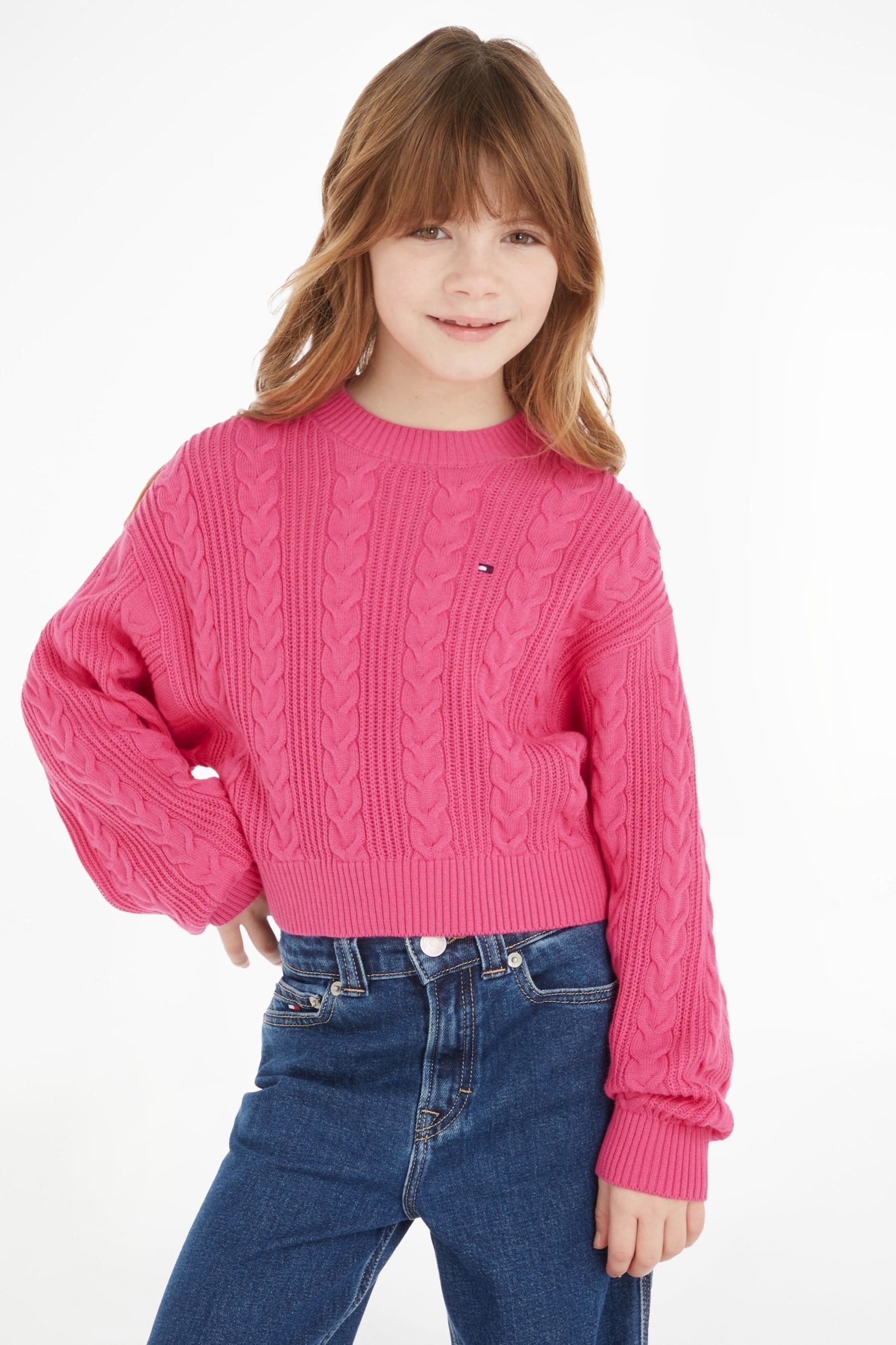 Buy Tommy Hilfiger Kids Pink Cable Cropped Sweater from Next Luxembourg