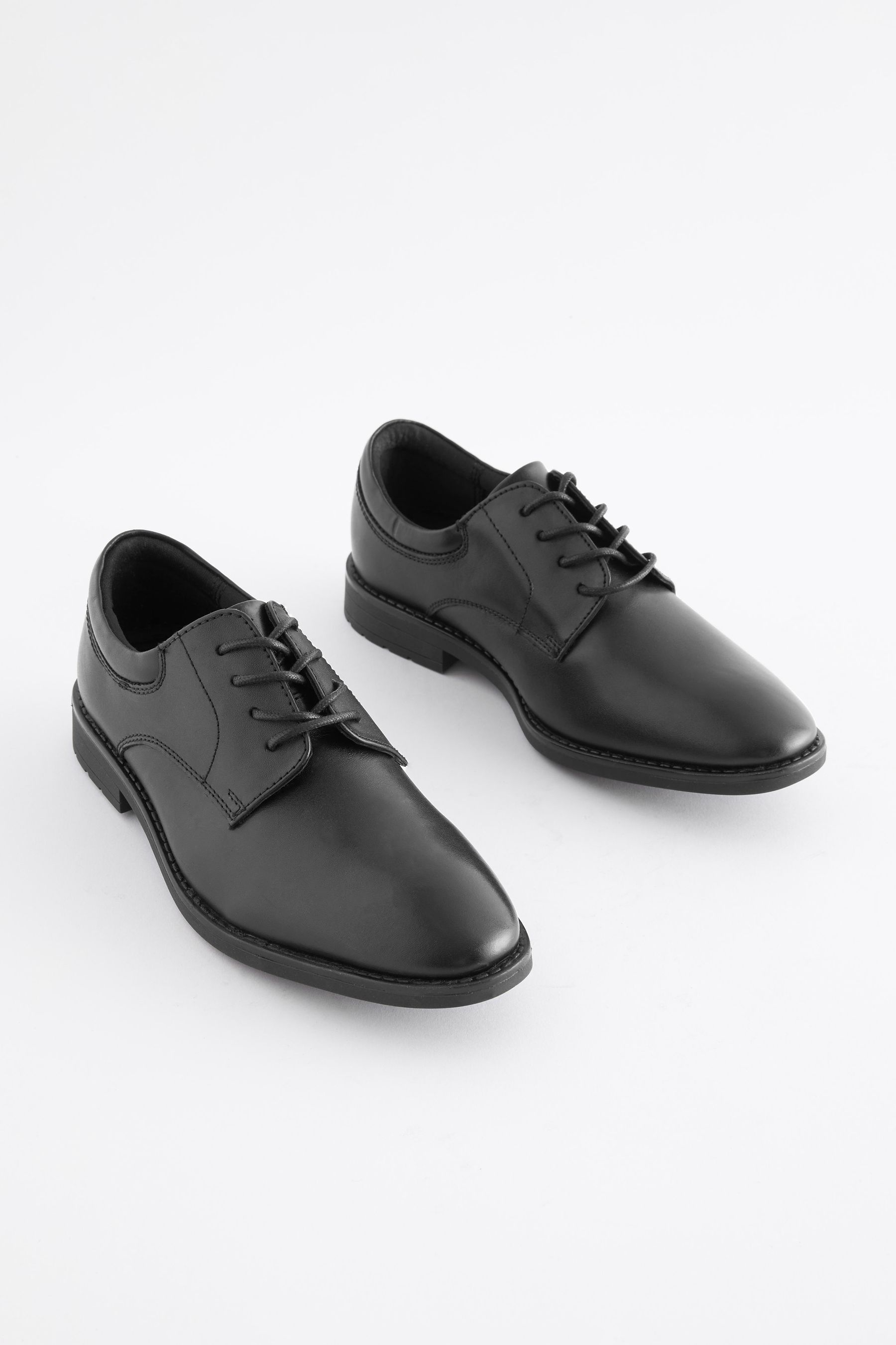 Black School Leather Plain Front Lace Up Shoes