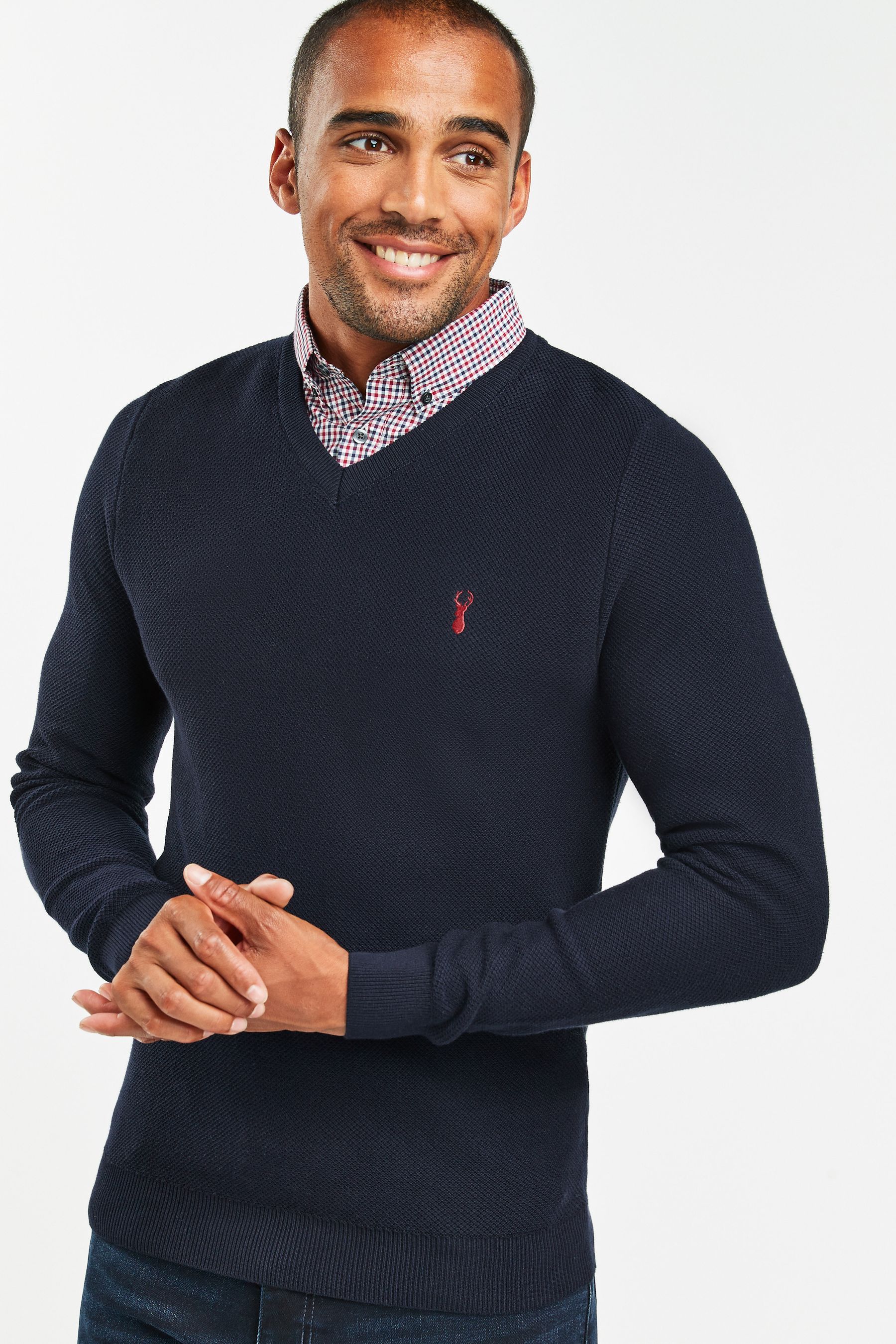 Navy Gingham V Regular Mock Shirt Knitted Crew Jumper
