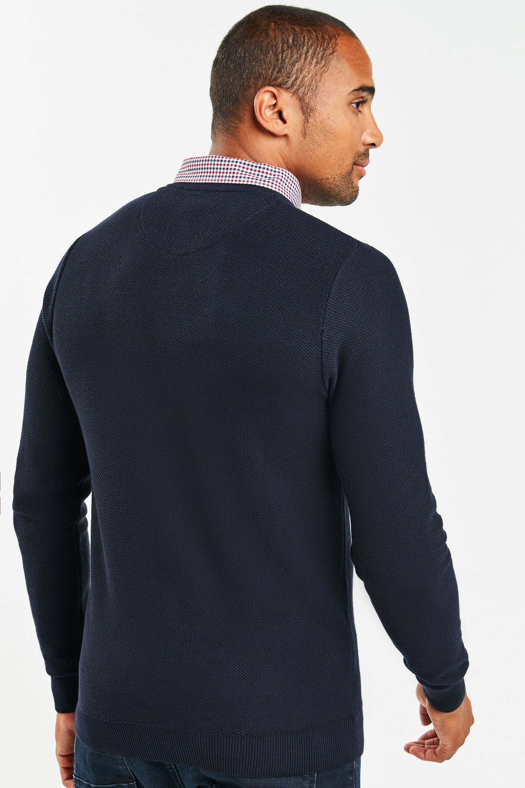 Buy Navy Gingham V Regular Mock Shirt Knitted Crew Jumper from the