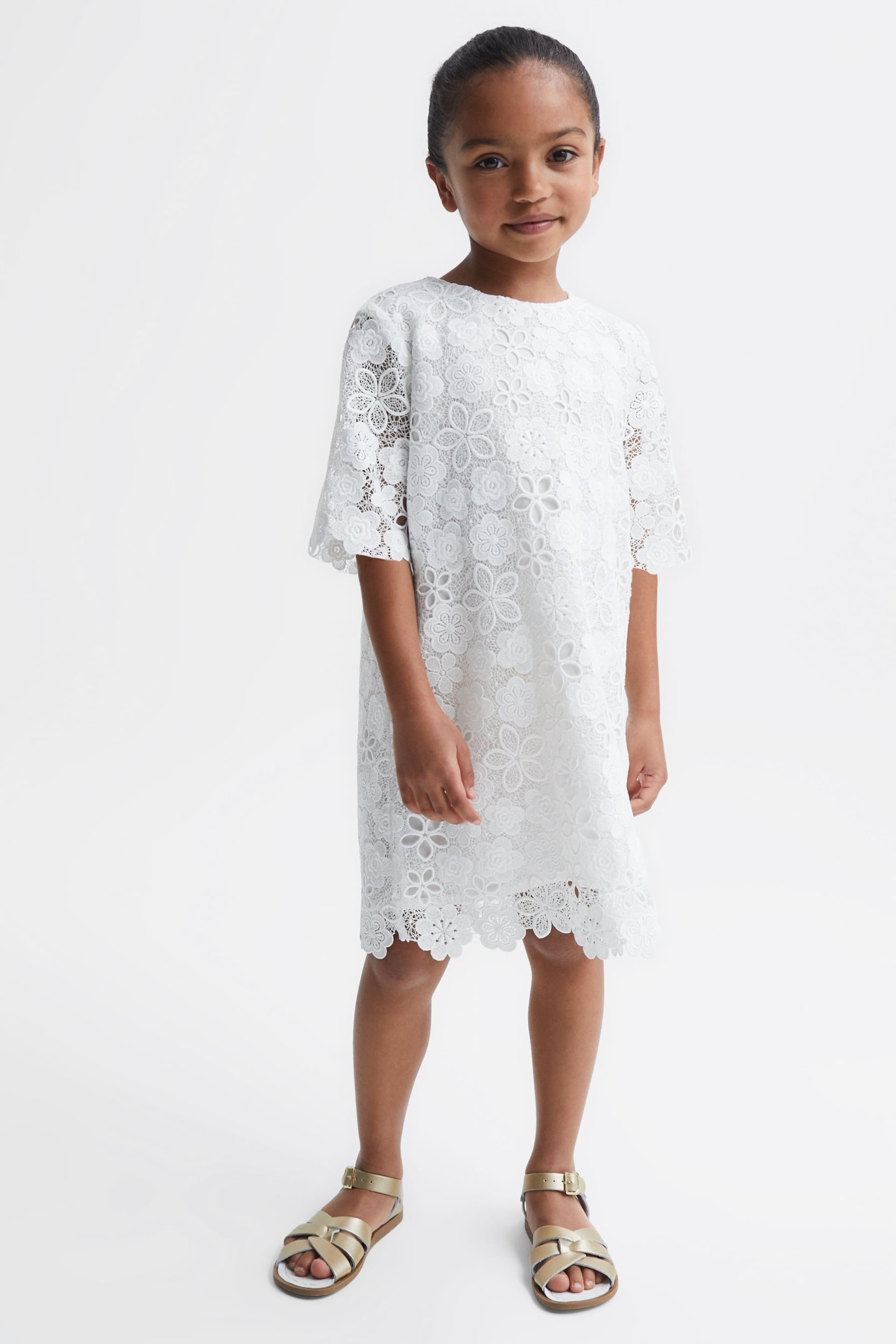 Reiss Ivory Susie Junior Lace T-Shirt Dress - Image 1 of 7