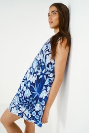 Morris & Co. Hyacinth Navy Floral Linen Blend Tie Neck Mini Summer Dress - Image 2 of 7