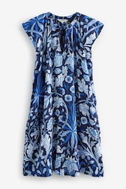 Morris & Co. Hyacinth Navy Floral Linen Blend Tie Neck Mini Summer Dress - Image 6 of 7