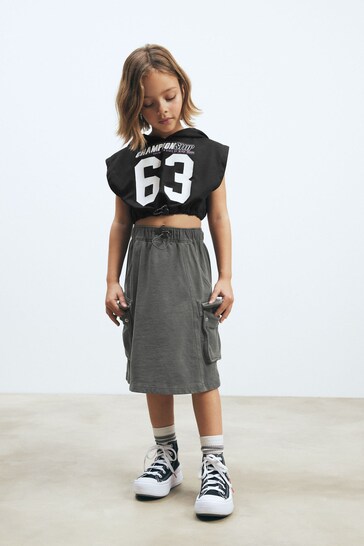 Black/Grey Sports style Hoodie And Cargo Skirt Set (3-16yrs)