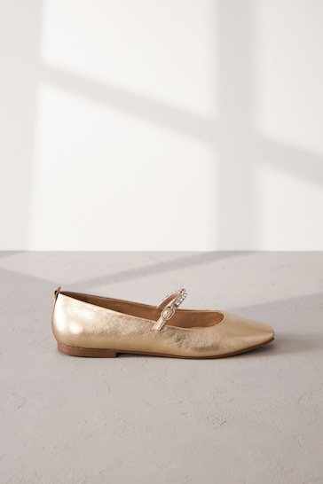 Gold Jewel Signature Leather Mary Jane Flat Shoes
