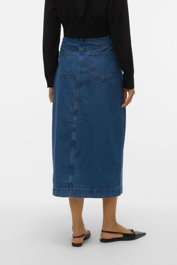 VERO MODA Blue 100% Cotton Button Detail Denim Midi Skirt - Image 2 of 7