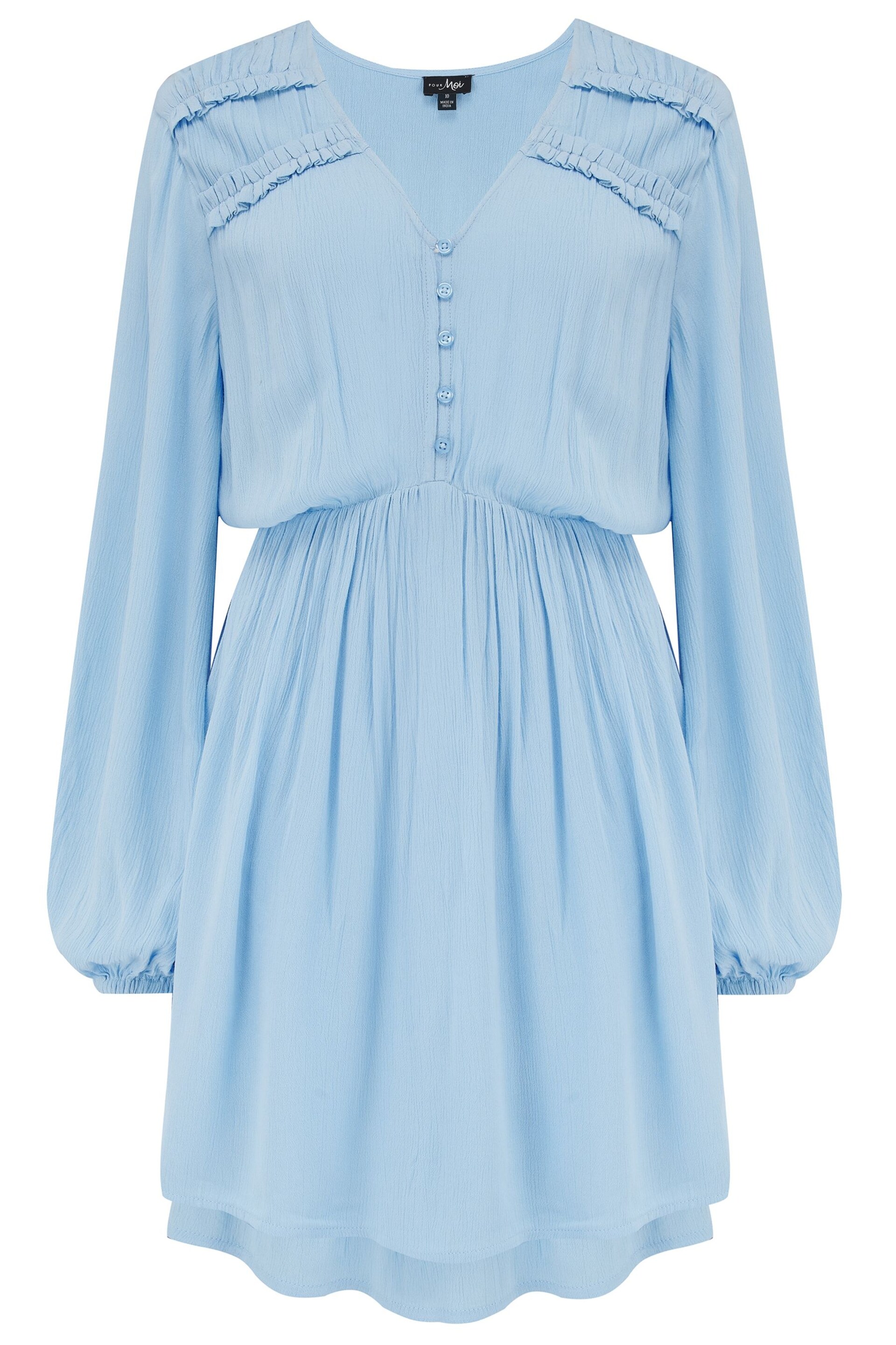 Pour Moi Blue Kate Woven Viscose Button Detail Long Sleeve Dress - Image 4 of 5