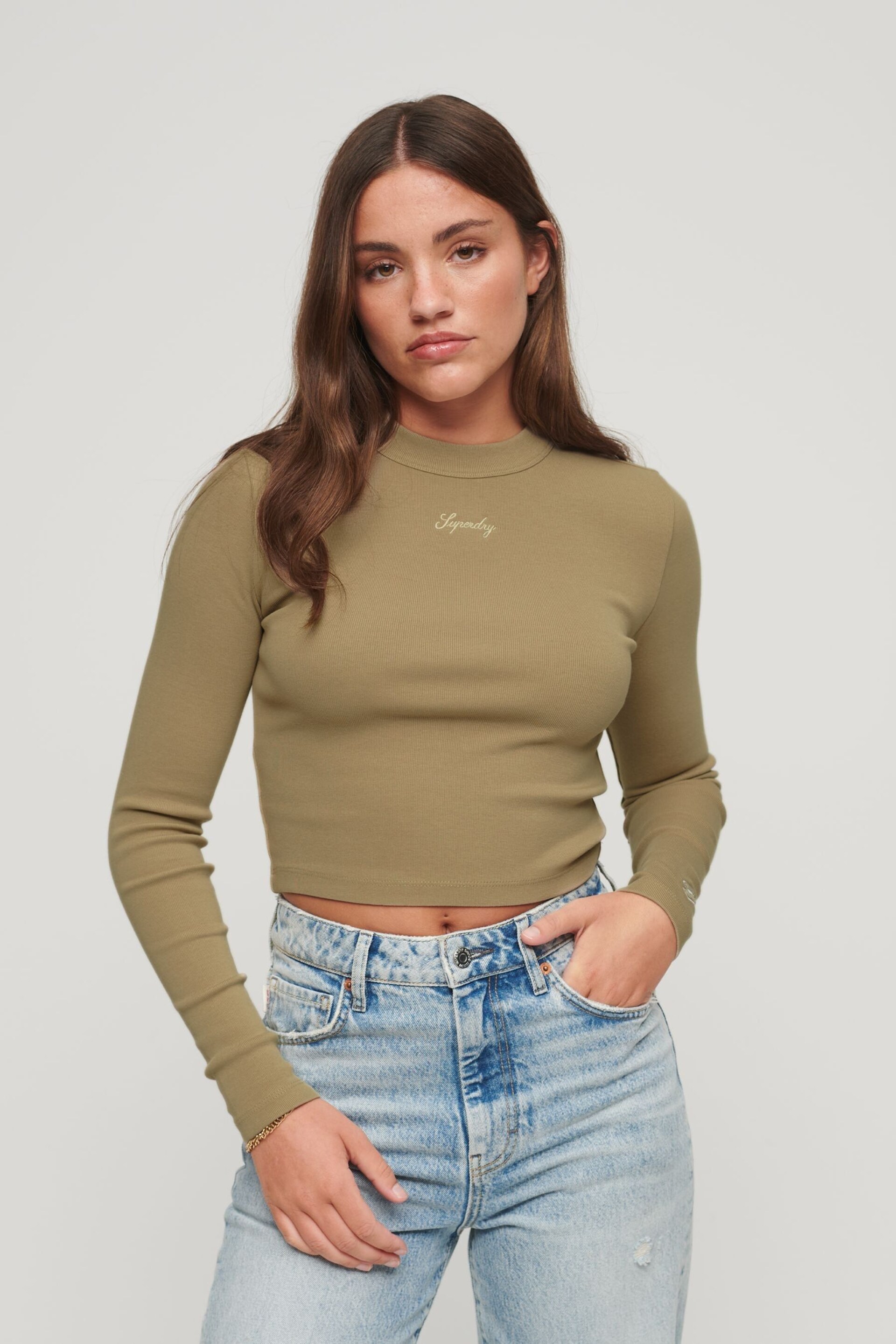Superdry Green Rib Long Sleeve Fitted Top - Image 1 of 6