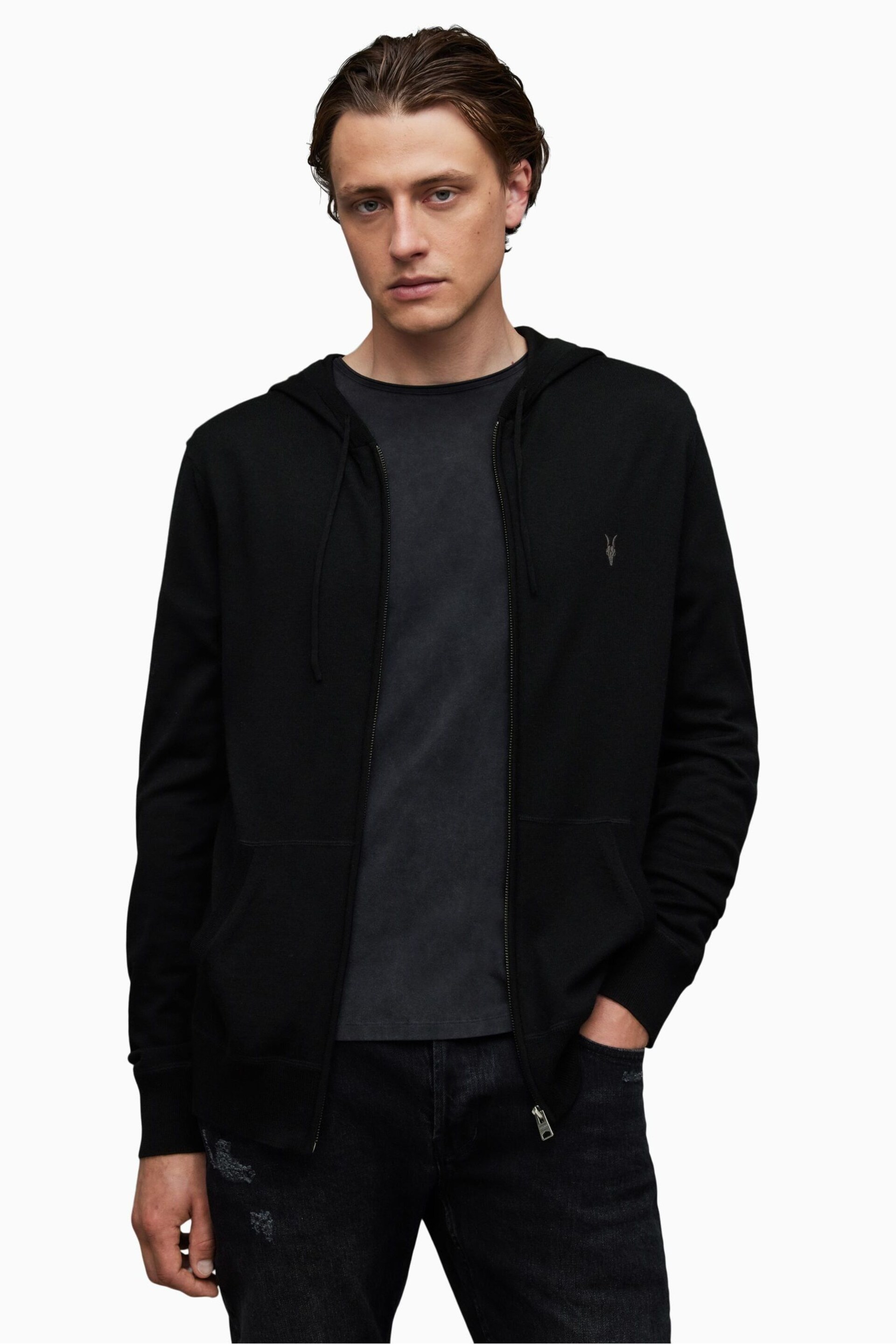 AllSaints Black Mode Merino Zip Hoodie - Image 1 of 5