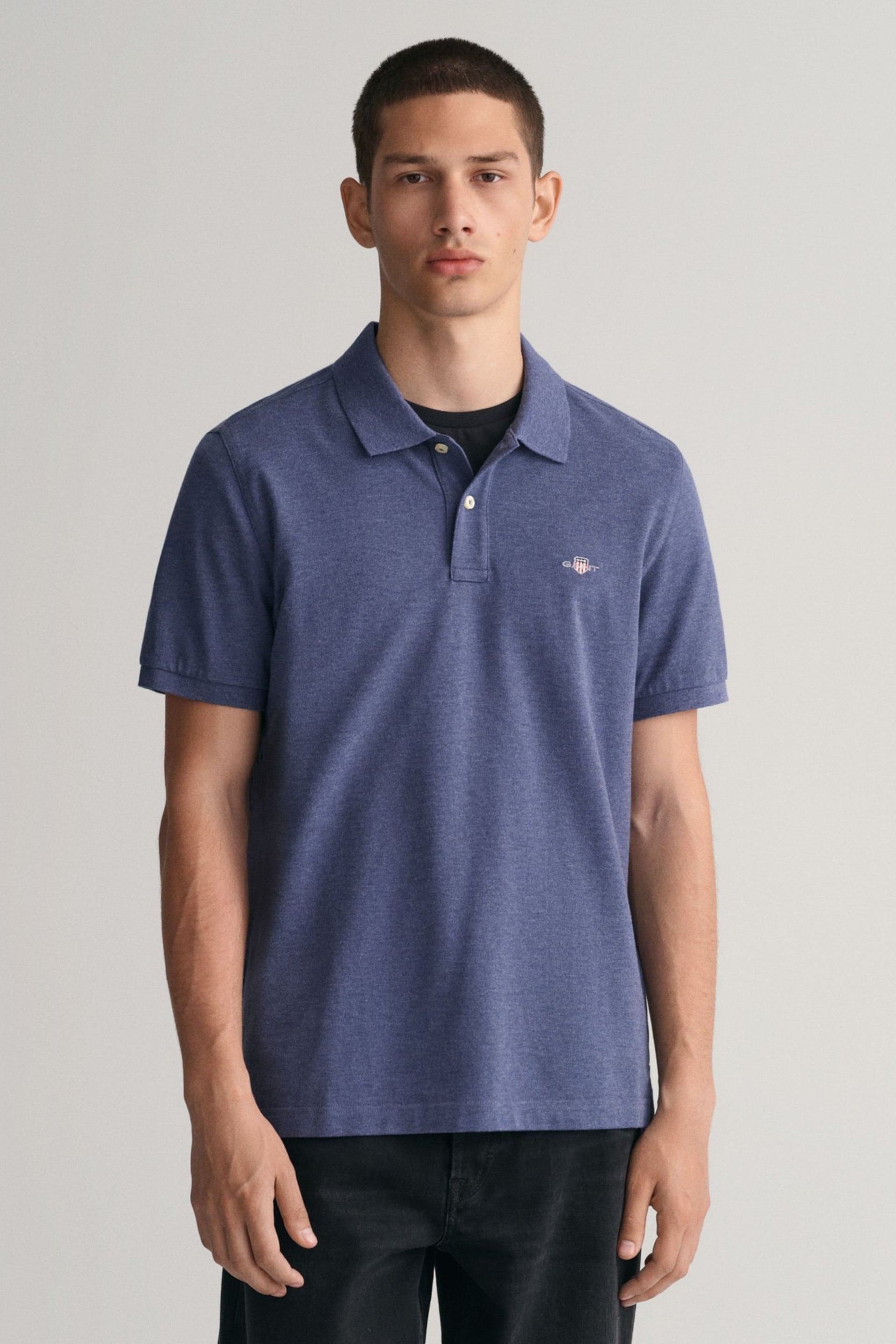 GANT Blue Melange Regular Shield Polo Shirt - Image 1 of 2