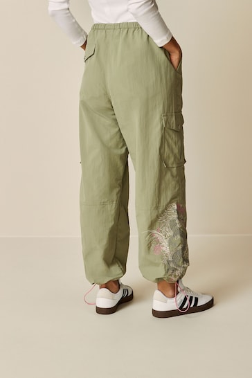 Sage Green Embroidered Parachute Pull On Cargo Trousers