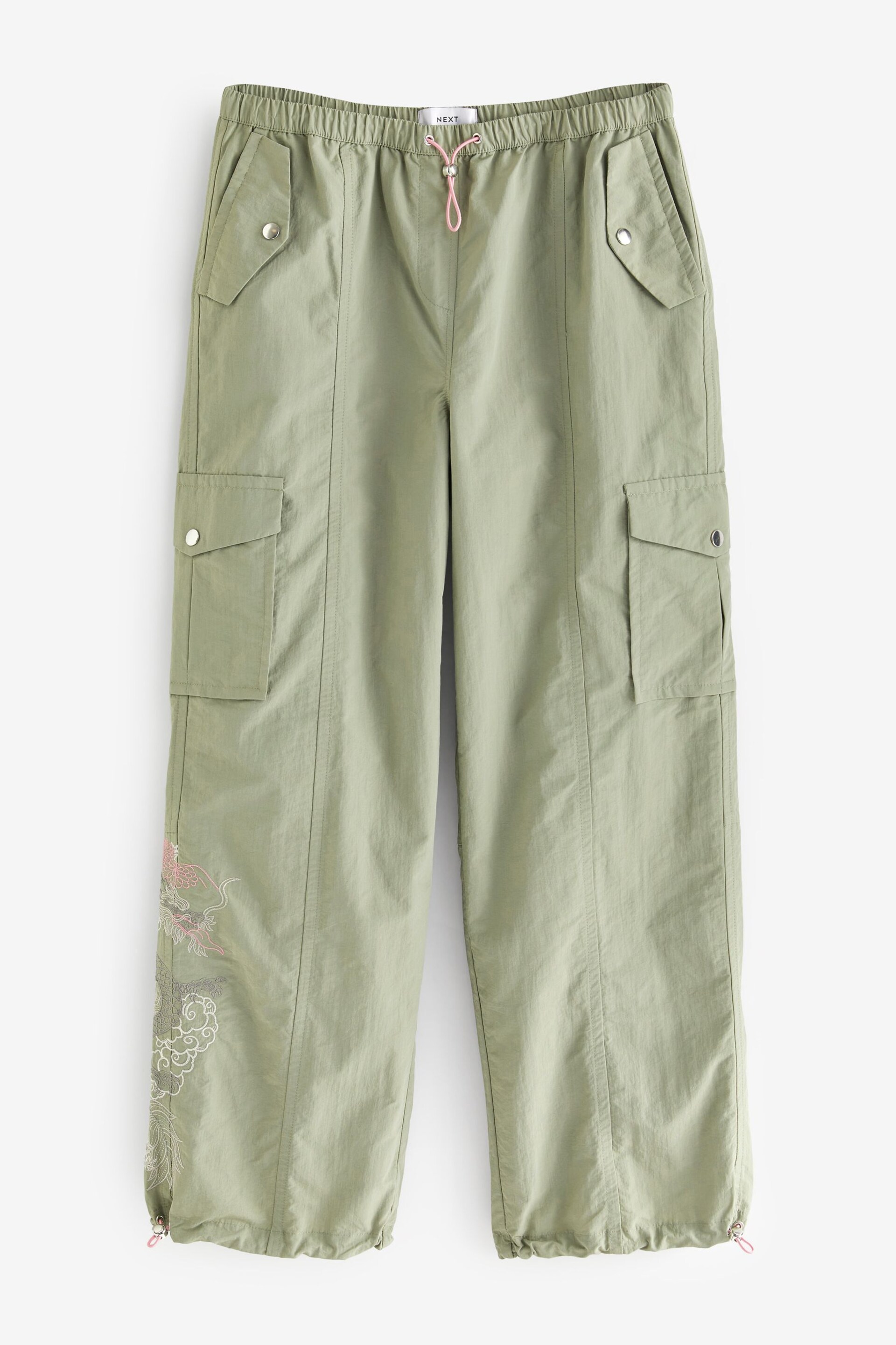 Sage Green Embroidered Parachute Pull On Cargo Trousers - Image 4 of 5