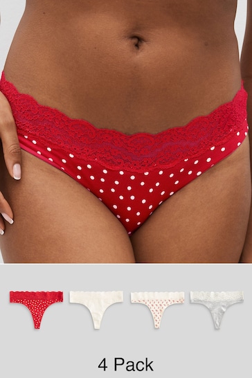 Cream/Grey/Red Thong Cotton and Lace Knickers 4 Pack