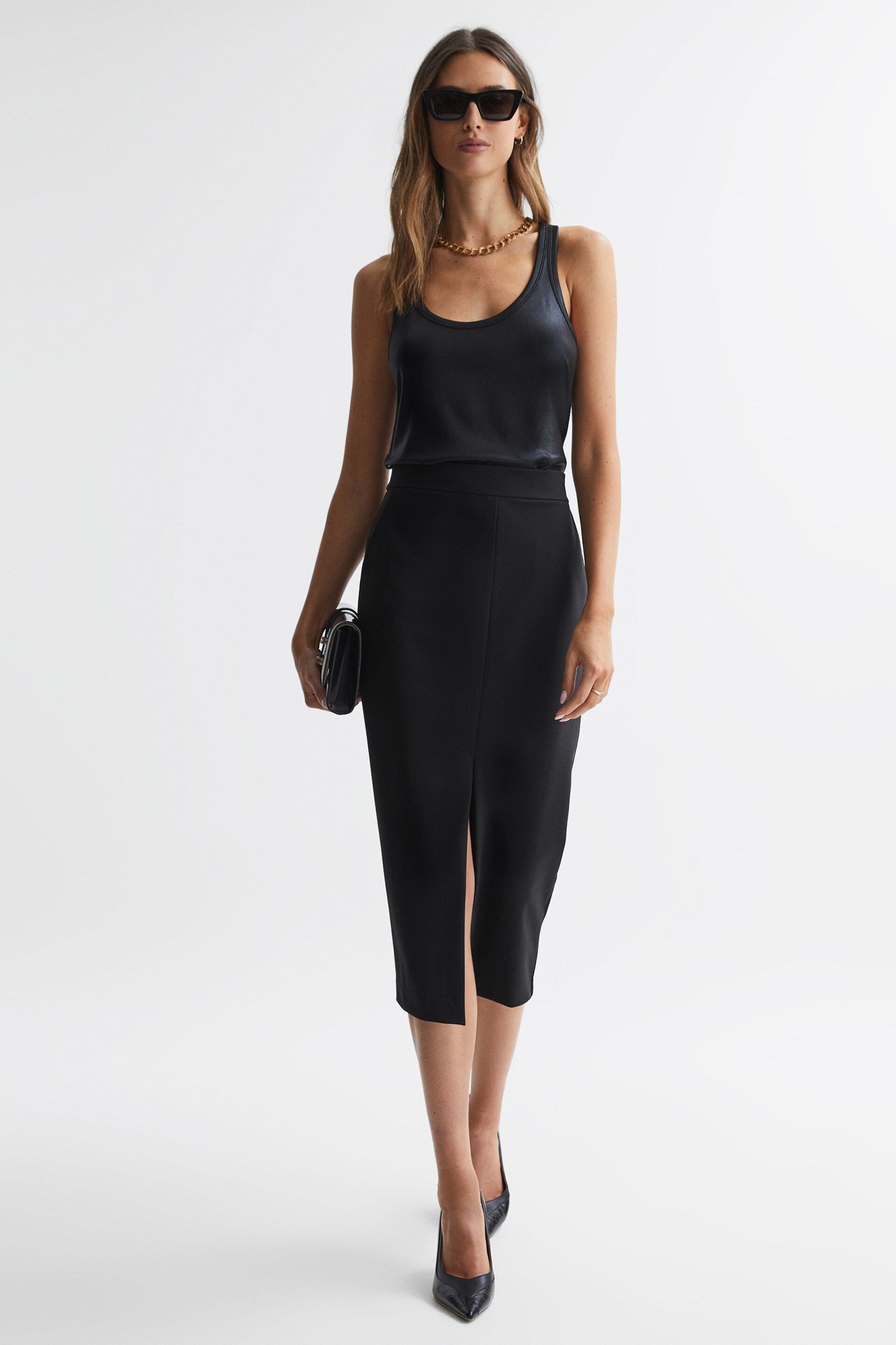 Reiss Black Sian High Rise Midi Pencil Skirt - Image 1 of 4