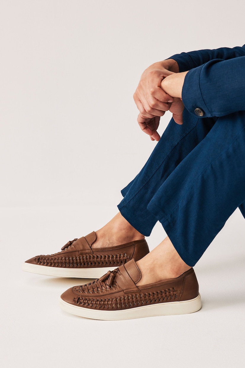 Tan Brown Leather Woven Tassel Loafers - Image 1 of 7