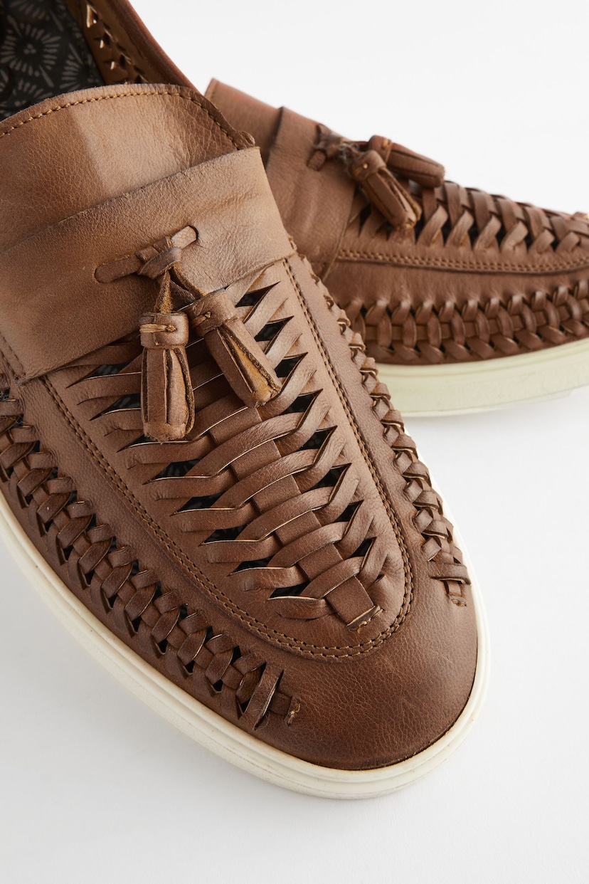 Tan Brown Leather Woven Tassel Loafers - Image 6 of 7