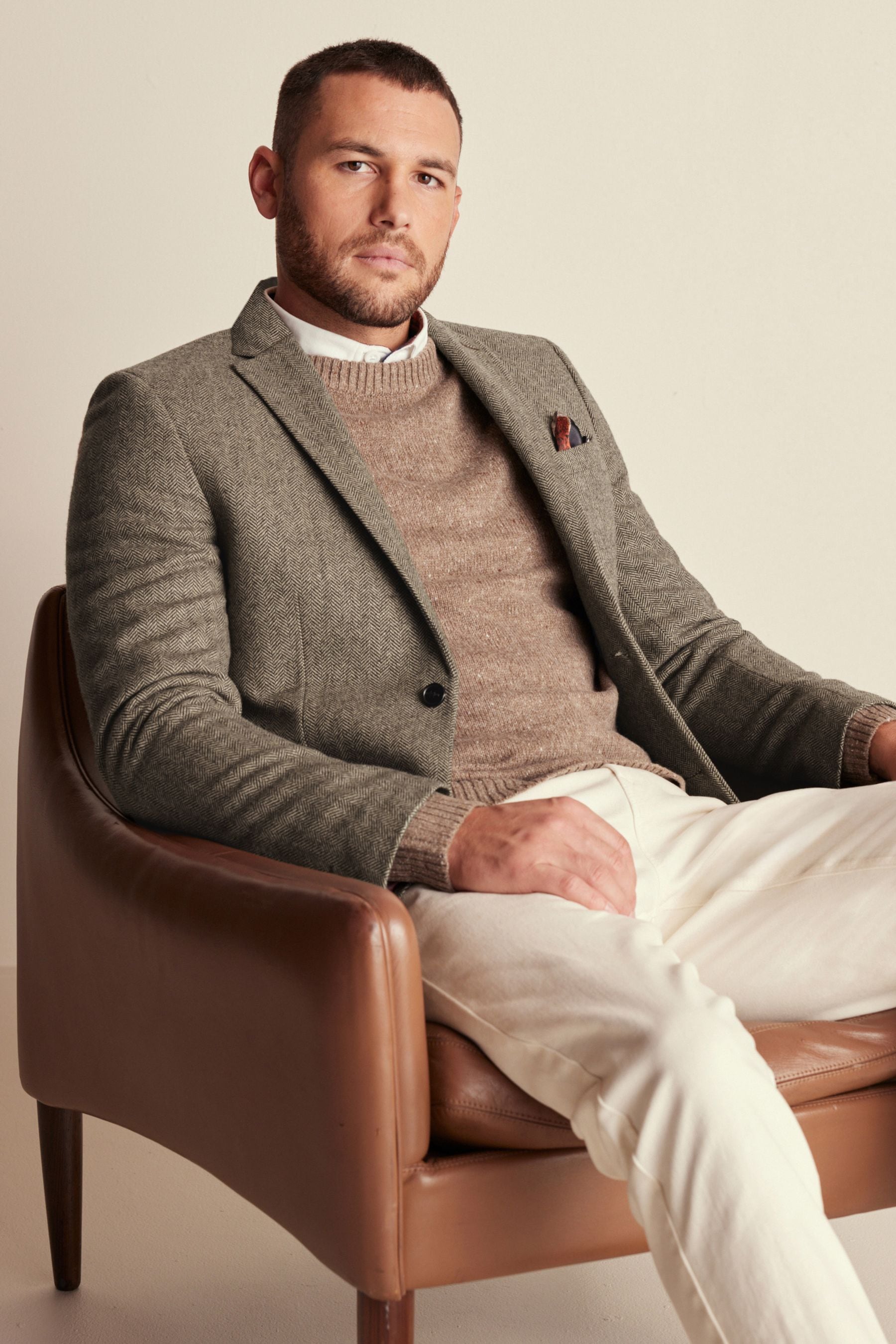 NEXT Taupe Slim Fit Wool Rich Herringbone Blazer 44 S Mens