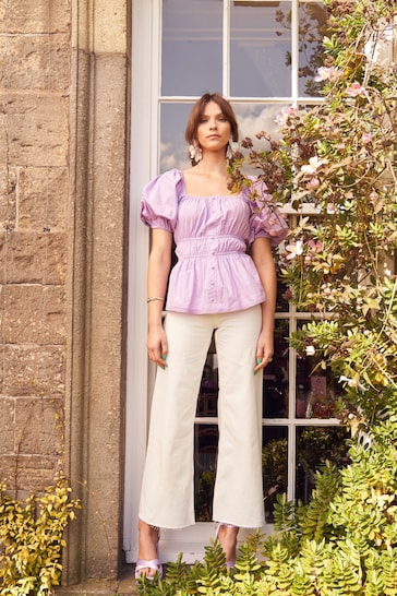Another Sunday Puff Sleeve Top With Shirred Waist And Button Detail In Purple