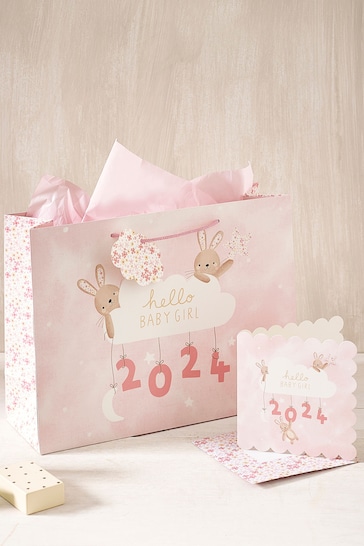 Pink Girl Born in 2024 Gift Bag and Card Set