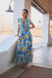 Blue/Yellow Leaf Print Tie Front Short Sleeve Maxi Dress - Image 1 of 6