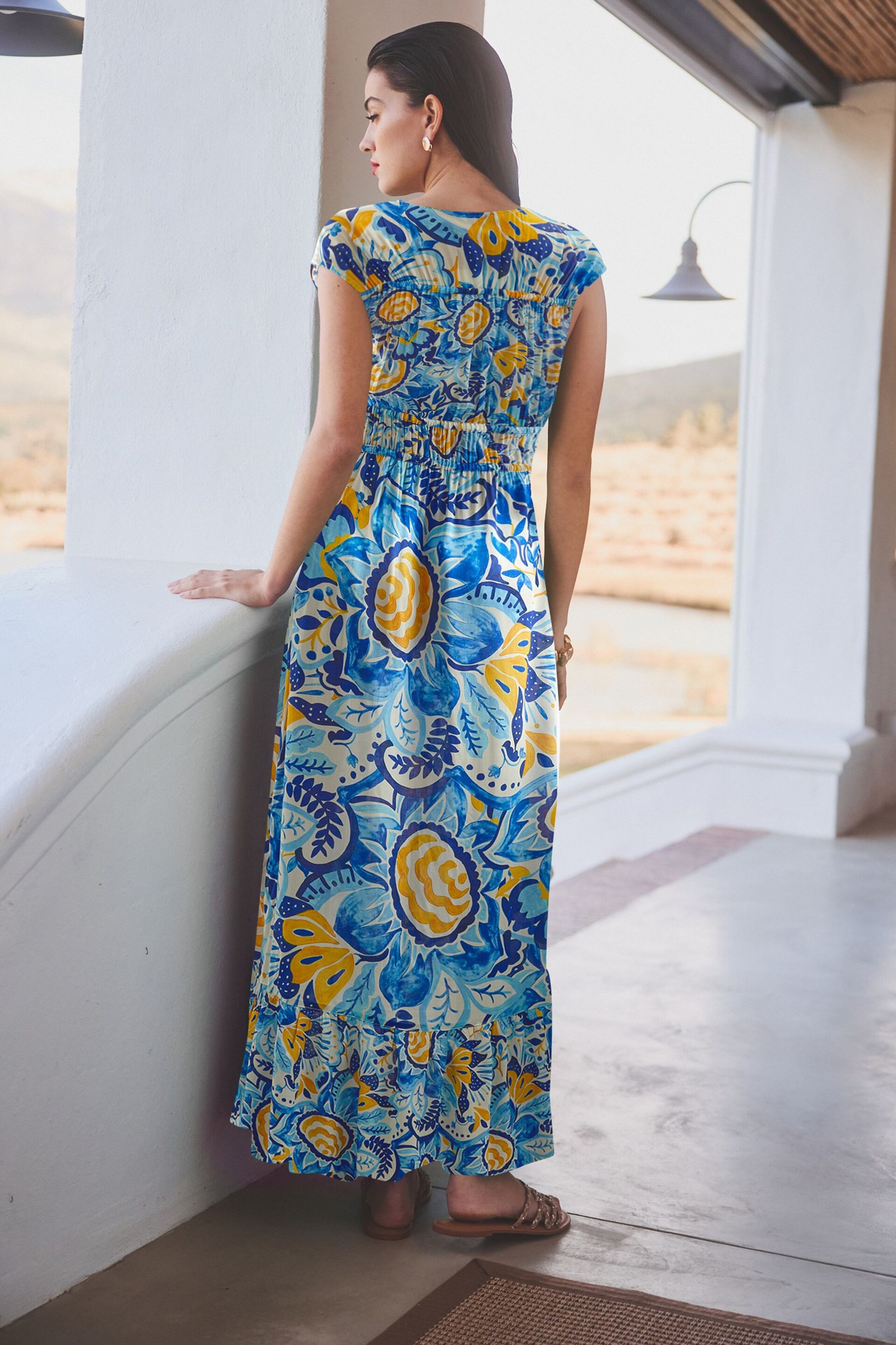 Blue/Yellow Leaf Print Tie Front Short Sleeve Maxi Dress - Image 2 of 6