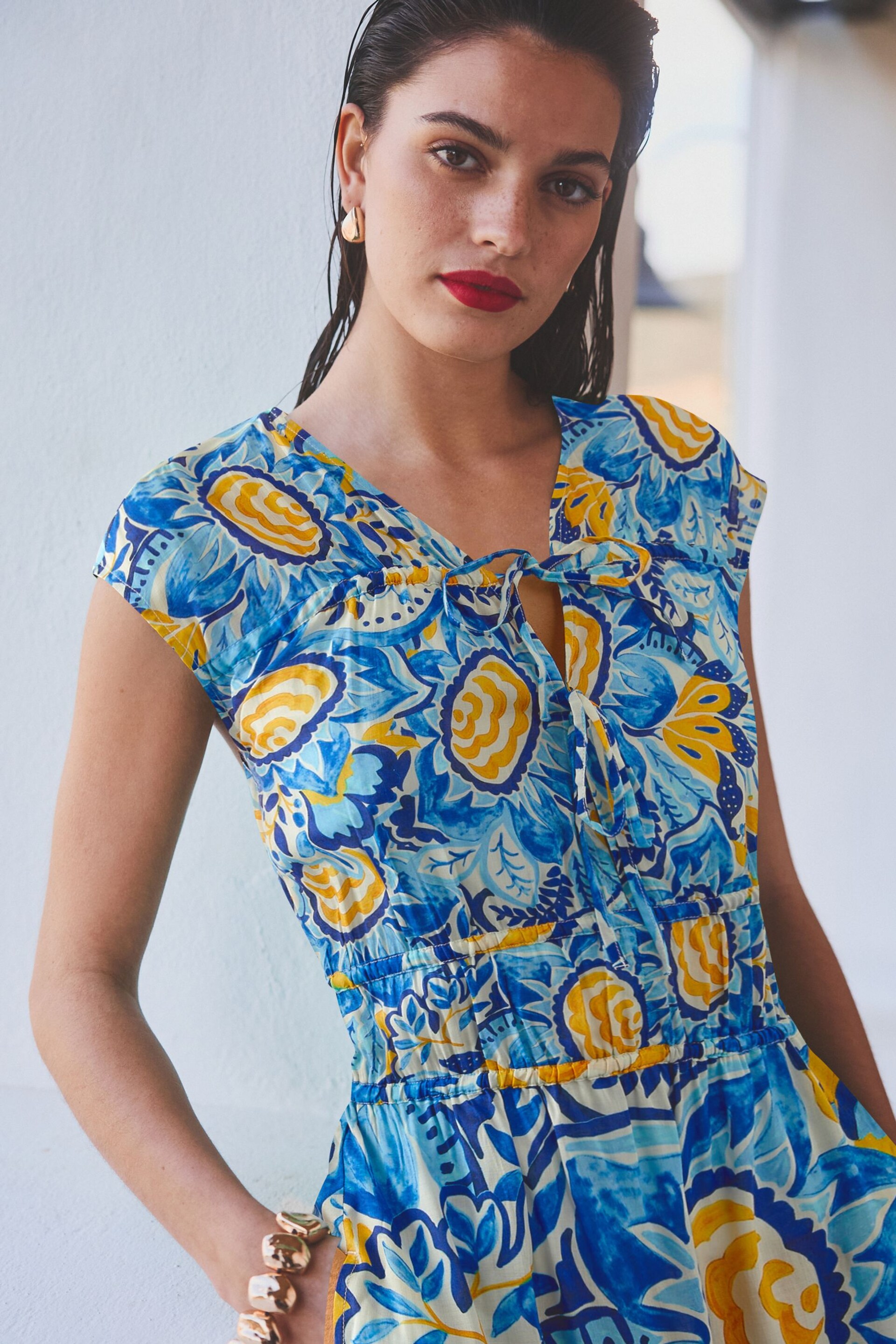 Blue/Yellow Leaf Print Tie Front Short Sleeve Maxi Dress - Image 3 of 6